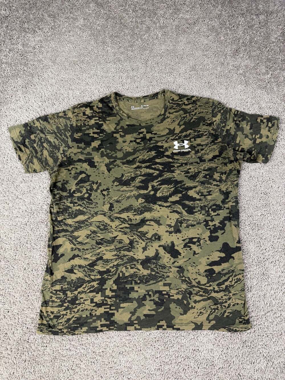 Under Armour Shirt Mens XL Green Camo Short Sleeve HeatGear Moisture Wicking